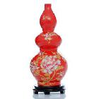 景德镇陶瓷器 中国红金边牡丹花瓶 葫芦 新房家饰工艺品摆件